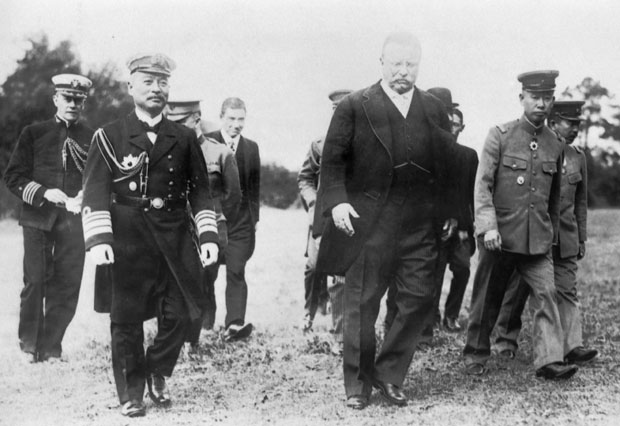 Commander Isamu Takeshita strolling with President Theodore Roosevelt in Washington, D.C. c. 1905