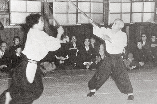 A rare photo of O-Sensei partnered by Morihiro Saito Sensei from c. 1954