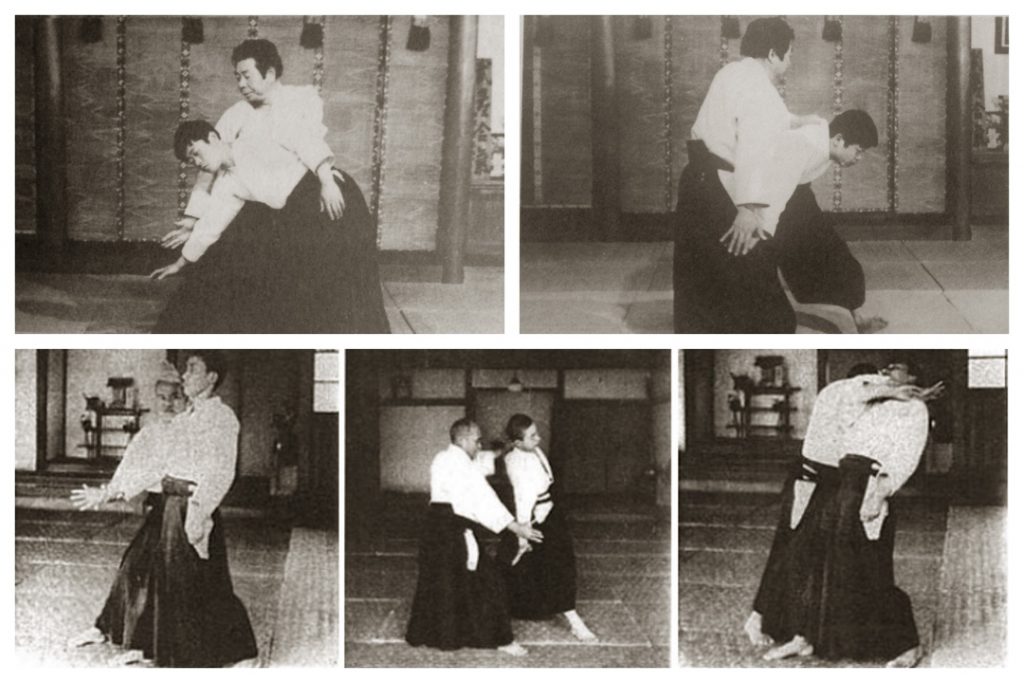 Upper pane: Morihiro Saito showing iriminage setup: lower pane: iriminage of Morihei Ueshiba's 1938 "Budo"